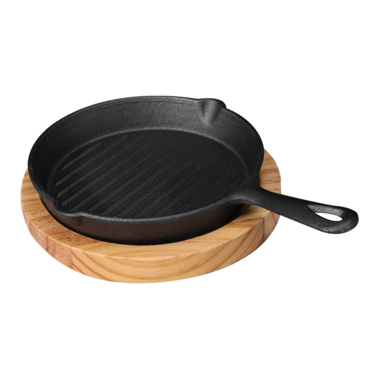 Plaque à steak rayée en fonte robuste avec poignée et base bois pour frire