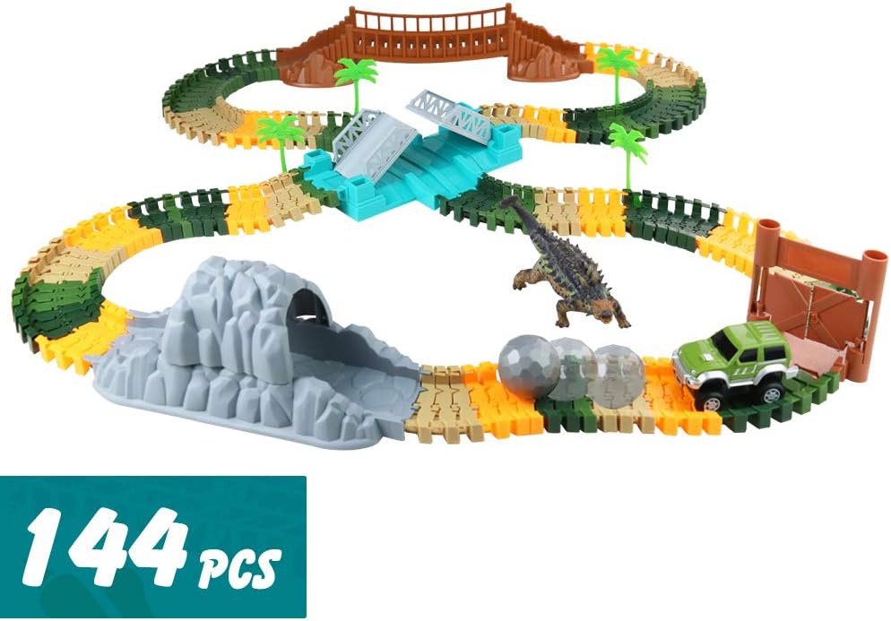Nuheby Dinosaur Toys 144 Pcs Race Track Toy Flexible Dino Track Jurassic World Toys Best Kids Dinosaur Toys Gifts for Boys Girls 3 4 5 Years Old 1 Dinosaurs,1 Racing Vehicles