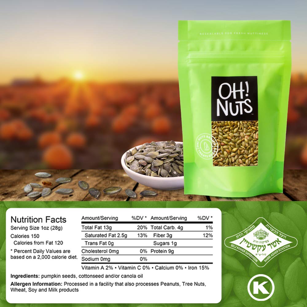 Oh! Nuts Pepitas Dry Roasted Unsalted Pumpkin Seeds | All-Natural Protein Power Unshelled Pepitas | Fresh, Healthy Keto Snacks | Resealable 2-Pound Bulk Bag | Vegan & Gluten-Free Snacking