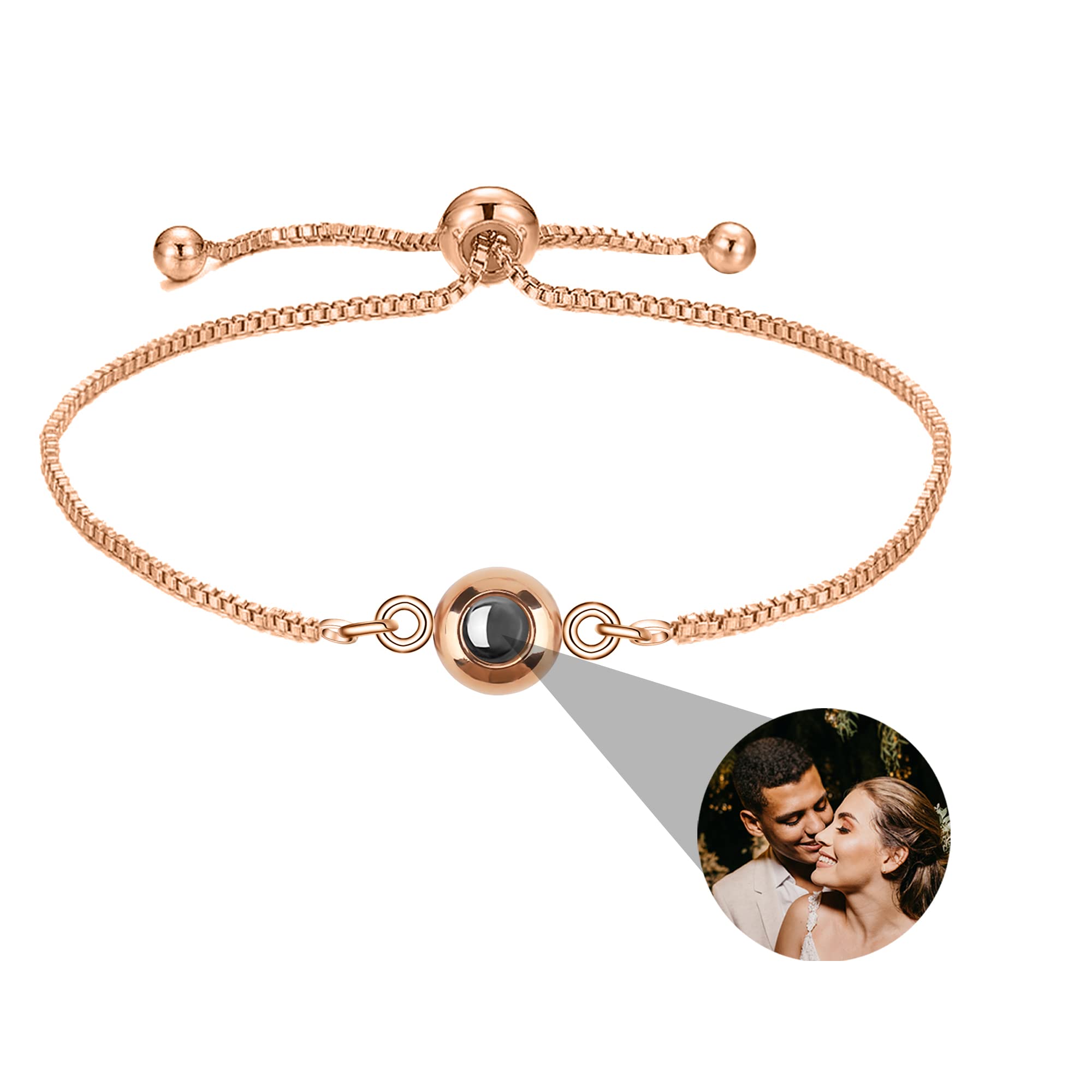 MYMNEPulsera Personalizada Con Foto Mujer Hombre Pulsera Con Foto Proyeccion Pulsera Circular Con Foto En El Interior 100 Idiomas Te Amo Pulsera Regalo De Joyas De Memoria (Plata, Oro Rosa, Oro, Negro）