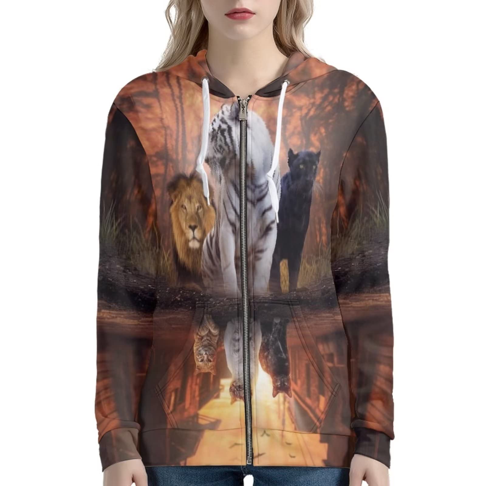 HUIACONG Damska bluza z kapturem zapinana na zamek błyskawiczny rozmiar XS-5XL nastolatki sweter, Odbicie kota lew, tygrys pantera, S