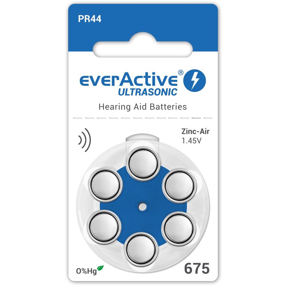 everActive 675 Pack of 6 Hearing Aid Batteries High Performance Zinc Air Batteries 1 Blister Card 4 Year Shelf Life Blue Ultrasonic PR44