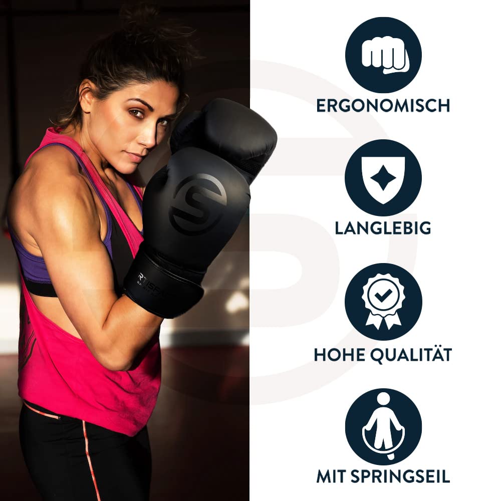 Boxhandschuhe Gewichtsklassen 8oz - 14oz | Boxhandschuhe Set inkl. Bandagen & Springseil | Boxhandschuhe schwarz hochwertiges PU-Leder | Schutz & Unterstützung der Handgelenke