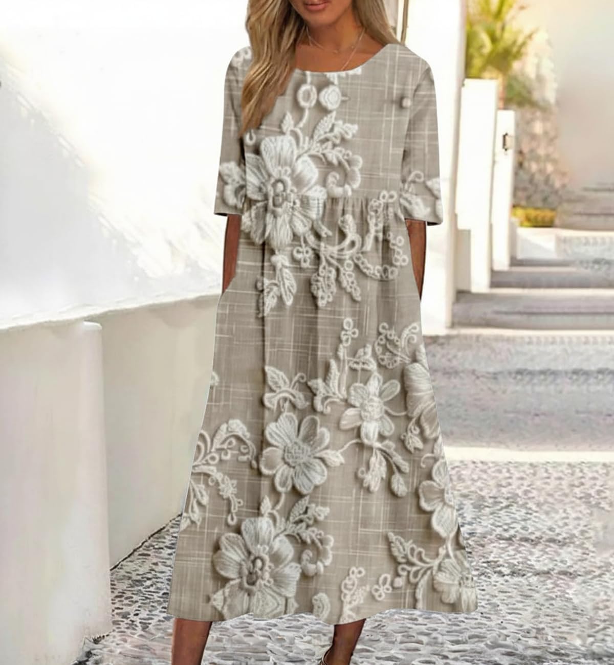 Women's Boho Floral Short Sleeve Midi Dresses Summer Casual Flowy Loose Beach Vacation Tshirt Dress with Pockets - Image 2