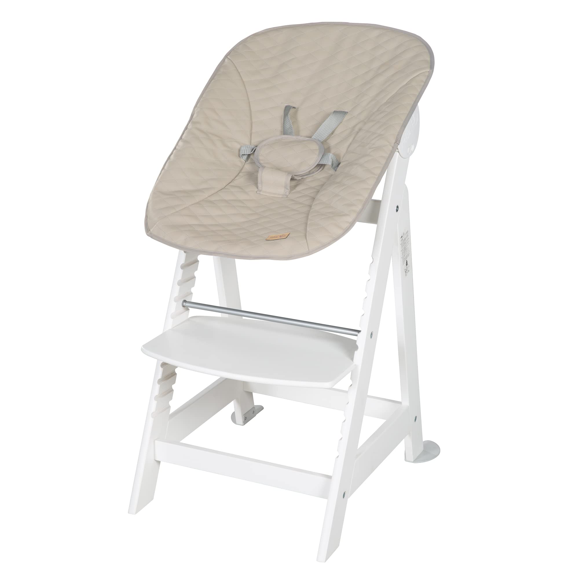 roba Seggiolone "Born Up" Set 2 in 1 - Design "Grigio trapuntato" - Funzione Pieghevole - Imbracatura - 2 Posizioni - da 0 a 6 Mesi - Legno Laccato Bianco/Grigio
