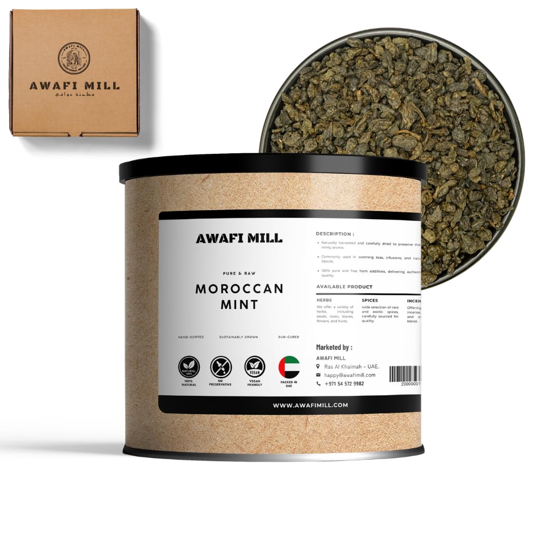 AWAFI MILL Moroccan Mint Green Full-Leaf Loose Tea - Farm Fresh | 100% Green Tea & Moroccan Mint Leaves | Fresh Taste (100 g | 3.5 Oz)