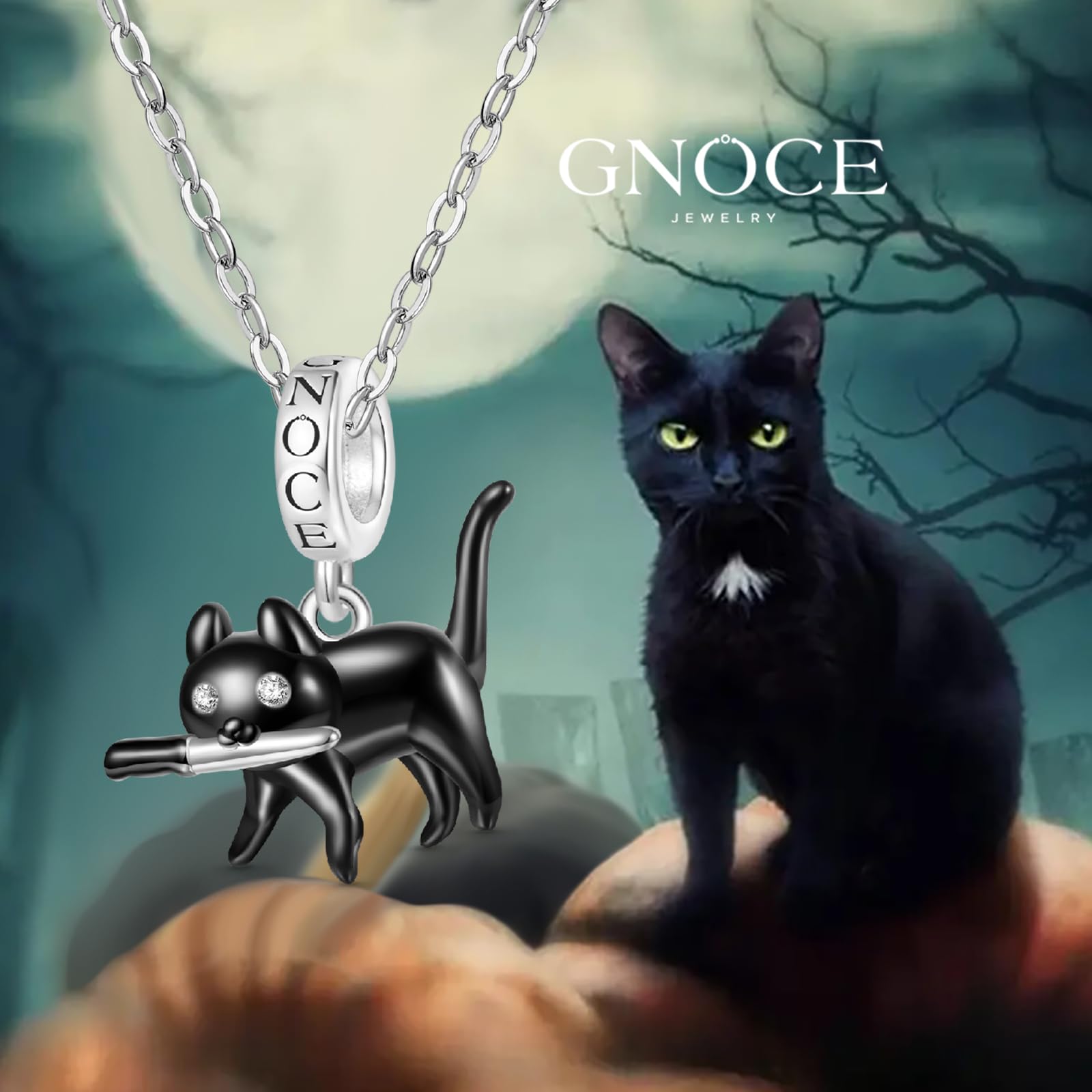 GNOCE Schwarzer Katzen-Anhänger, baumelnder Charm, S925er-Sterlingsilber, baumelnder Anhänger für Frauen, Ehefrau, Valentinstag, Muttertag, Schmuckgeschenk, Inner Diameter4.5 mm, Sterling-Silber, Kein