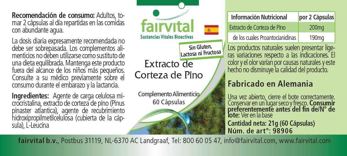 Fairvital | Estratto di corteccia di pino 100 mg - 180 capsule (60 x 3) - ad alto dosaggio - Pinus pinaster atlantica - 95% proantocianidine - VEGAN