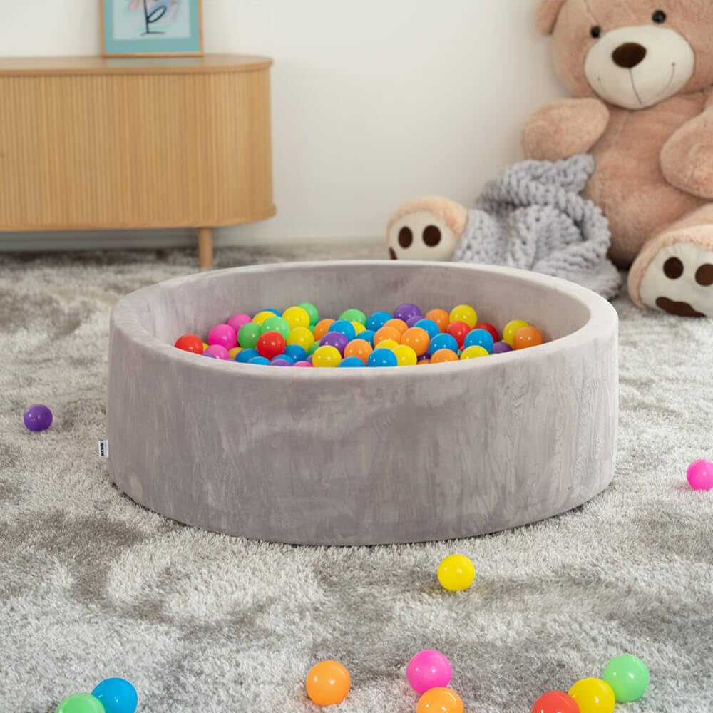 Home Deluxe - Pallone da bagno Twirl – con 480 palline colorate, velluto grigio, 100 x 100 x 30 cm, poliestere, rivestimento rimovibile, piscina per palline