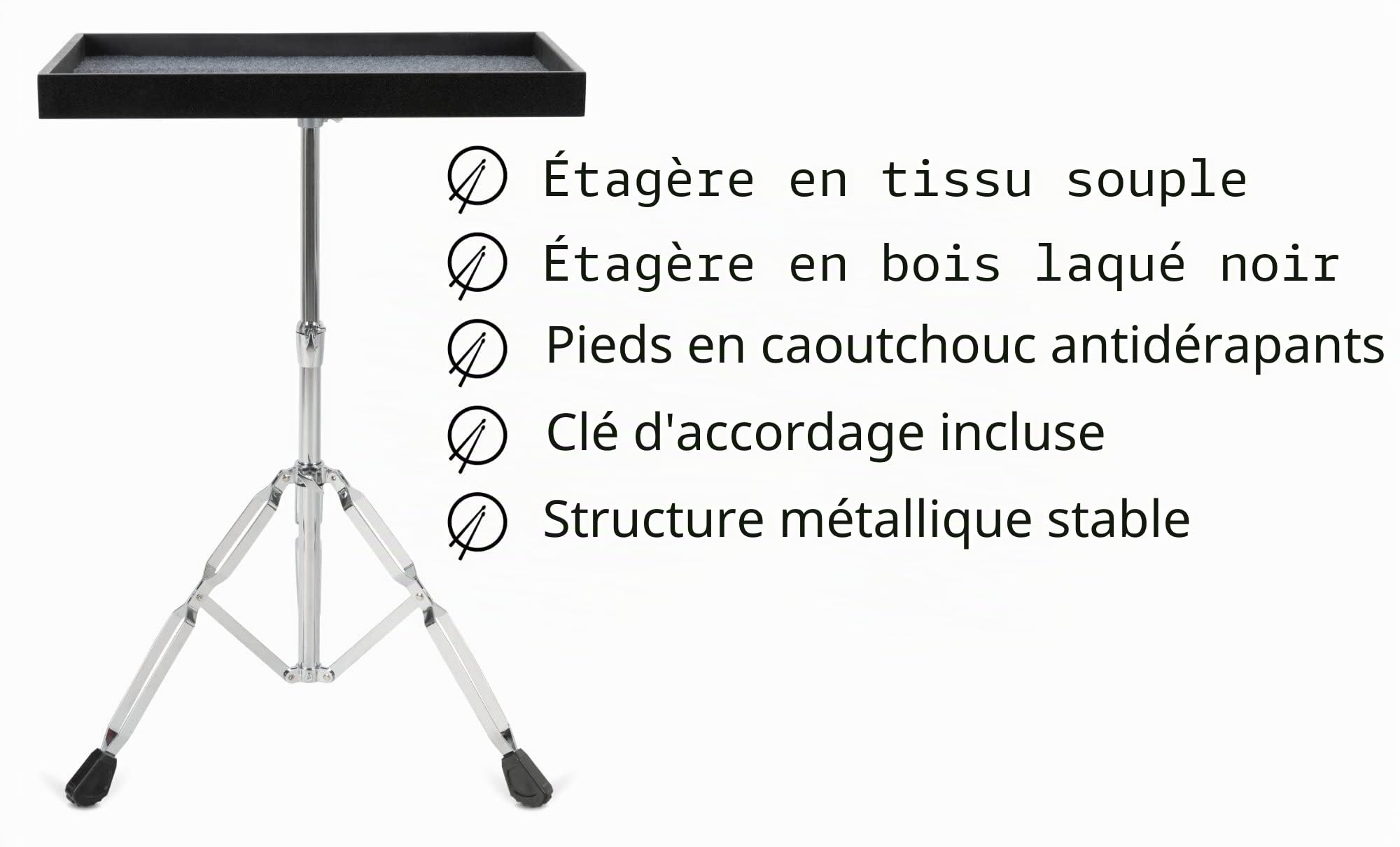 XDrum UPT1 Table Universel Pour Percussions, Hauteur: 61, 5-94, 5 cm | Tablette réglable en hauteur en bois, Dimensions: 56 x 40 cm (22" x 16"), 5 - 94, 5 cm, Fond doublé de feutre doux, Poids: 4