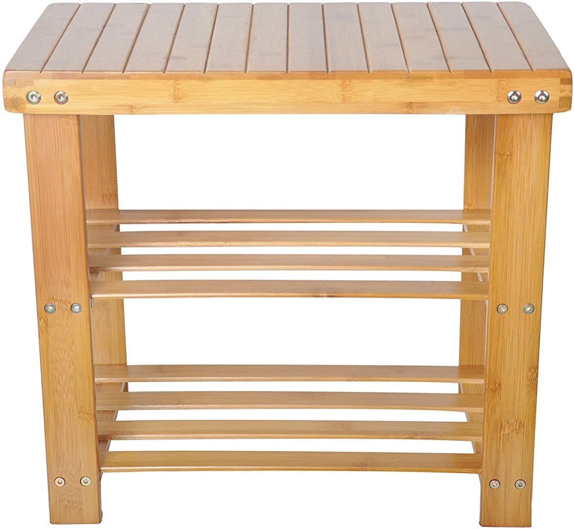 Dporticus 2-Tier Bamboo Shoe Bench Rack Shoe Storage Organizer Seat Entryway Hallway Furniture 19.7" x 10.6" x 17.5" (L x W x H) for Small Apartments