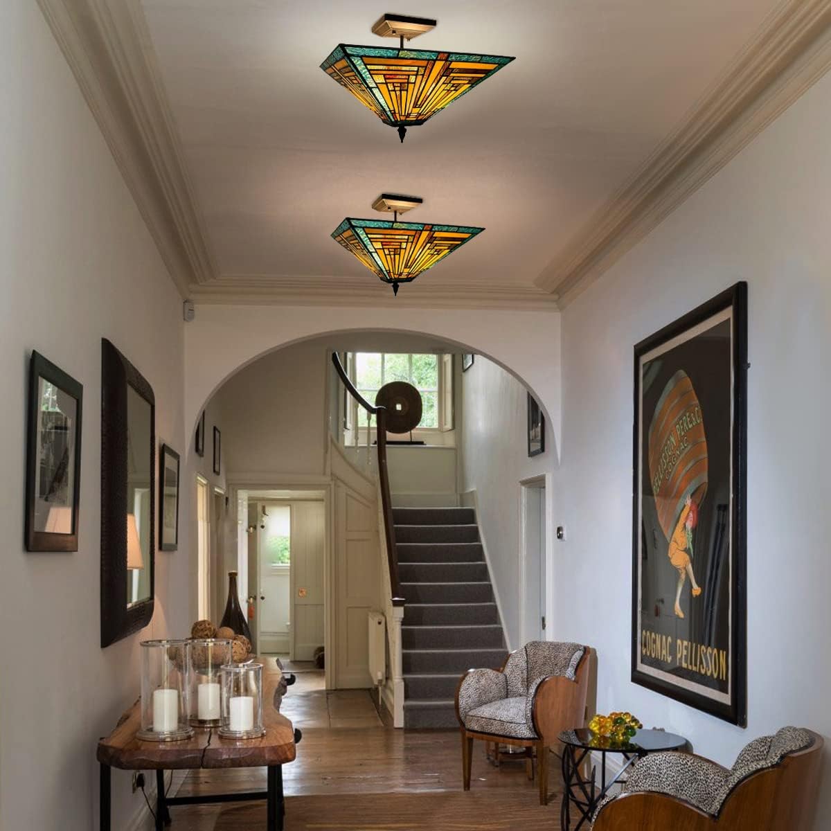 Tiffany Ceiling Lights Fixtures 14” Wide Stained Glass Ceiling Lamp 2-Light Mission Style Semi Flush Mount Ceiling Lighting for Kitchen Hallway Bedroom and Entryway
