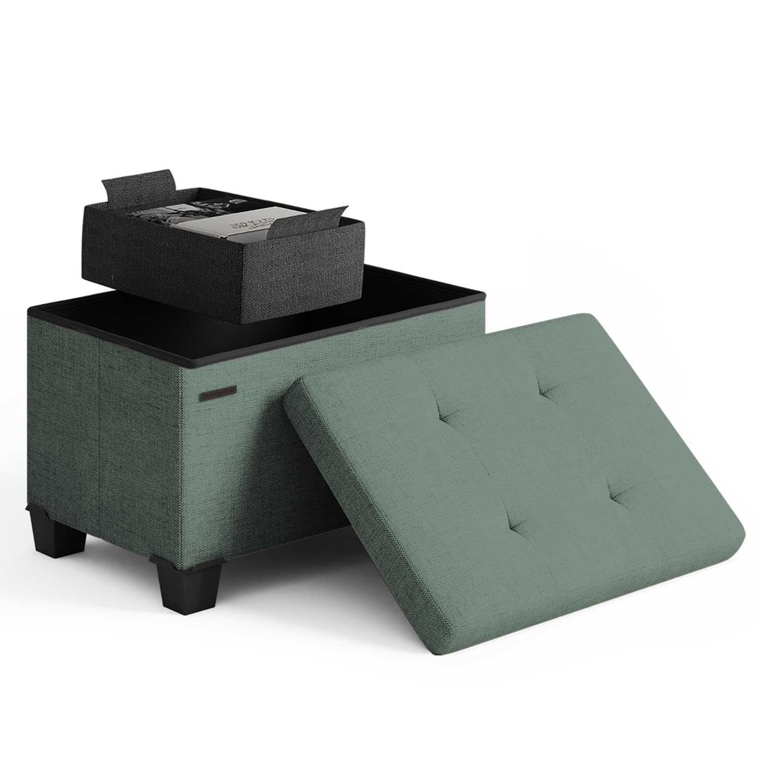 Storage Ottoman Cube with Small Bin, 16-in Square Ottoman with Storage for Living Room and Bedroom, Small Ottomans Foot Rest, Fabric Foot Stools Ottomans Max 330lbs, Green