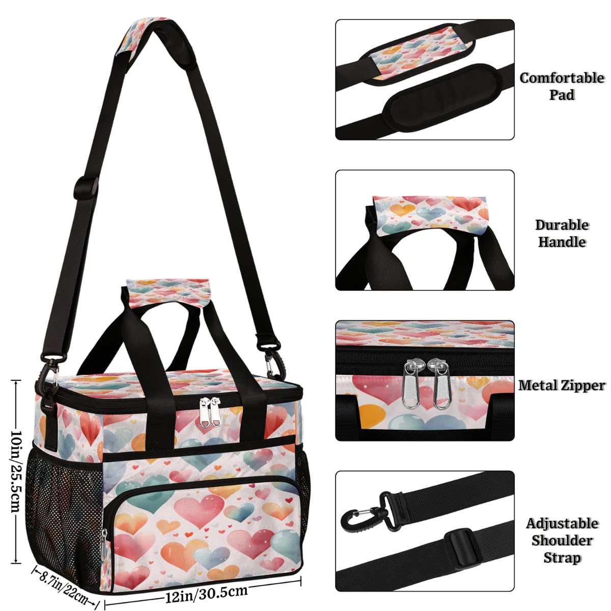 Insulated Picnic Backpack Lunch Box for Women Men Picnic Basket Tote Lunch Bag Picnic Bag Portable Lunch Bags for Picnic, Beach, Work, Trip,Office, Camp Colorful Love Heart