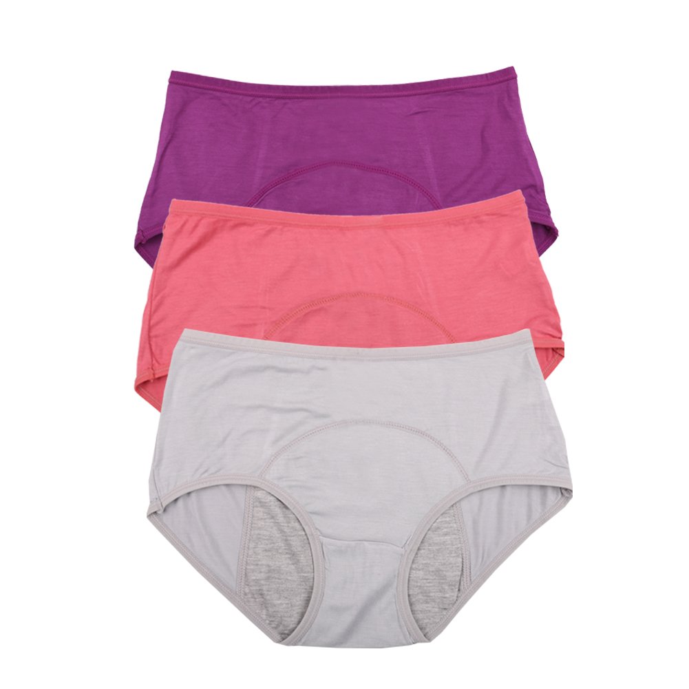 YOYI FASHION Bamboo Viscose Brief Menstrual Leakproof Panties Multi Pack US Size XXS-3XL/10, Elegance Red,Purple,Gray, XL