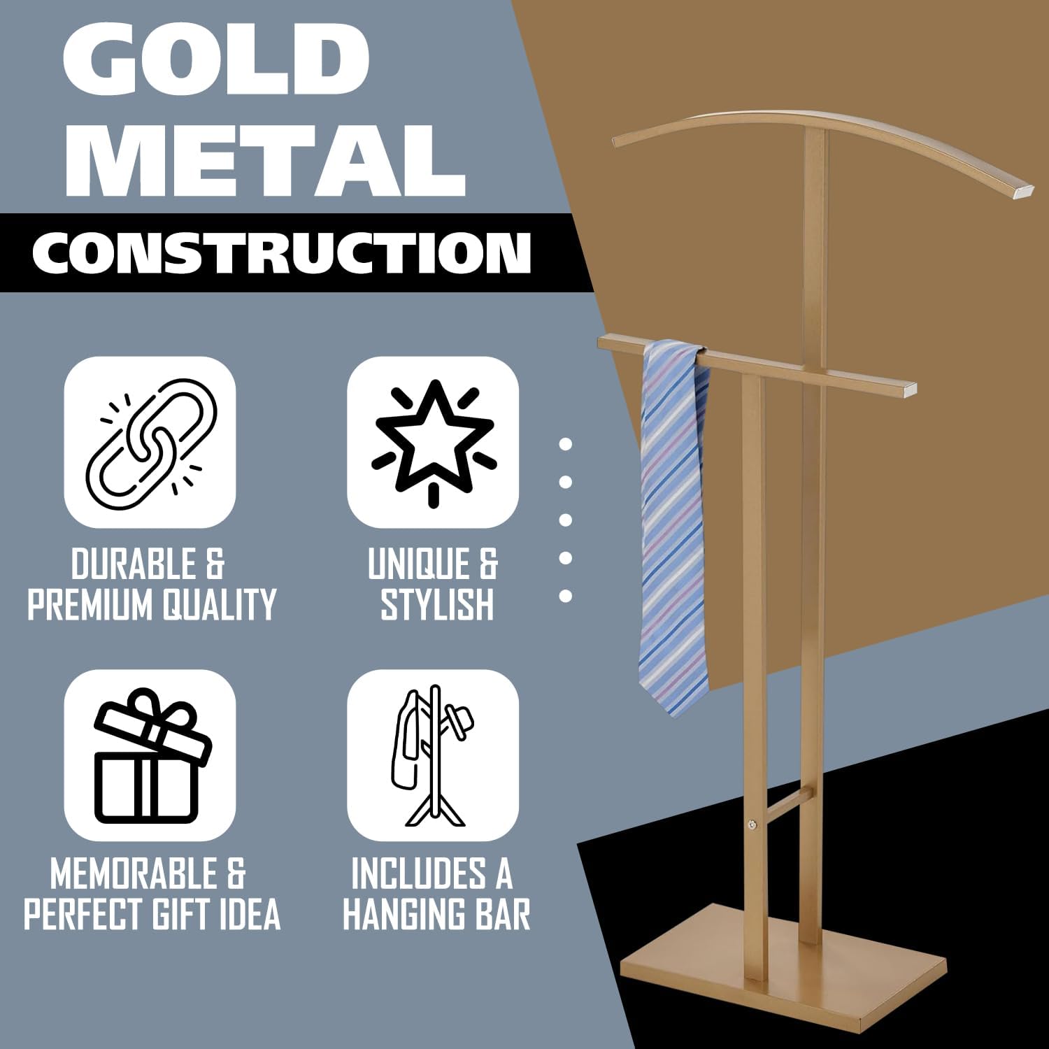Kings Brand Furniture Dossi Modern Metal Suit Valet Stand, Clothes Rack Organizer with Jacket, Pants & Tie Holder, Space-Saving Garment Rack for Bedroom or Closet (Gold)