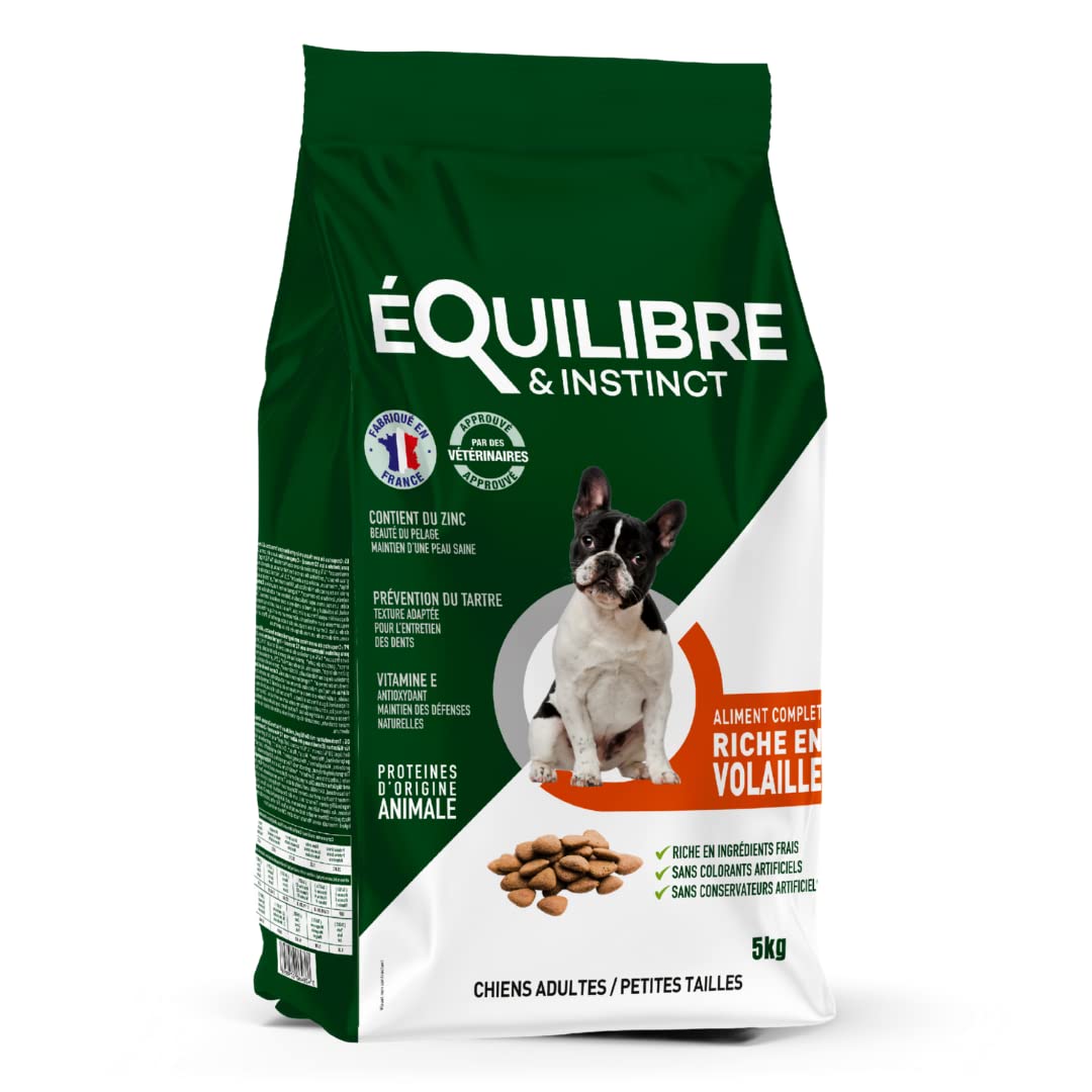 EQUILIBRE & INSTINCT - Chien Adulte - Petite Taille - Croquettes à la Volaille - Solidité des Os - Recette Complète Formulée avec des Vétérinaires - 5kg - Fabriqué en France