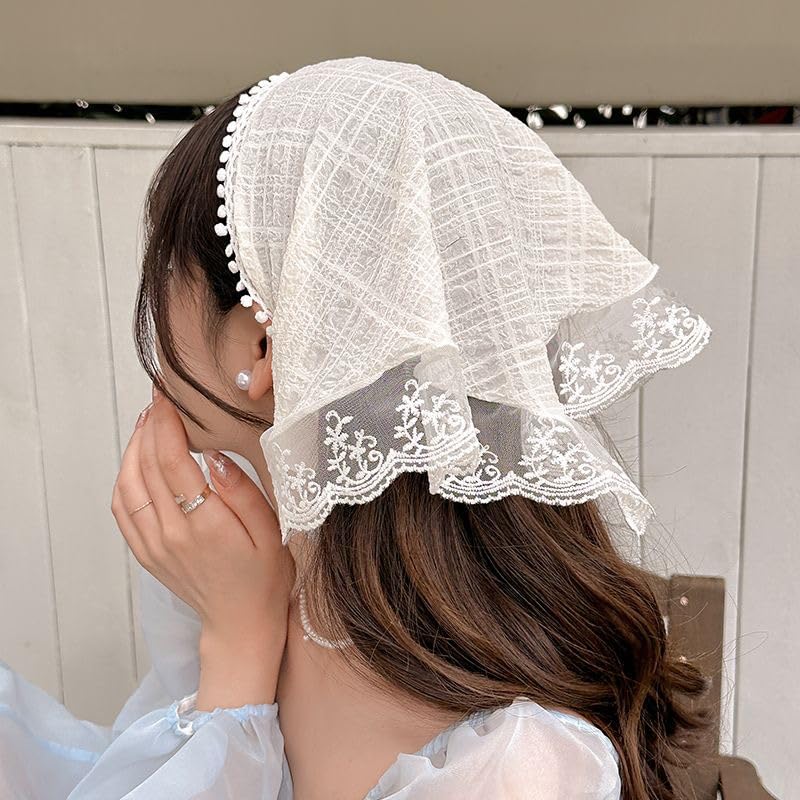 Hair Scarf Headband for Women Girls White Lace Head Kerchief Headband Soft Head Coverings Boho Triangle Bandana Turban Fashion Non Slip Scarves Accessories for Hair Styling Decor - Image 3