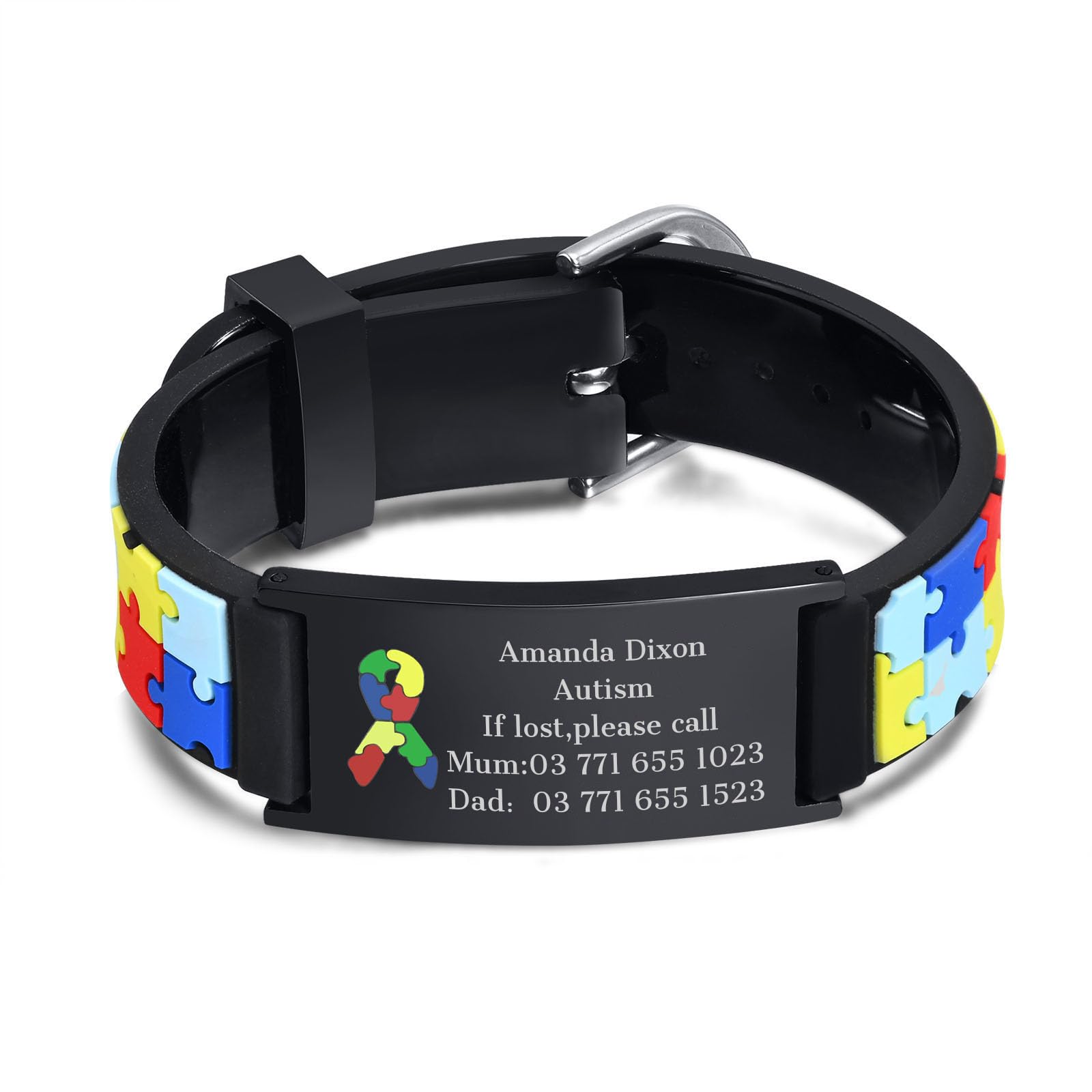 Personalised Child Safety ID Wristband - Engraved Name Contact Number Emergency Medical Bracelet for Autism Kids, Customised Anti Lost ID Wristband for Children Boys Girls, Waterproof Adjustable