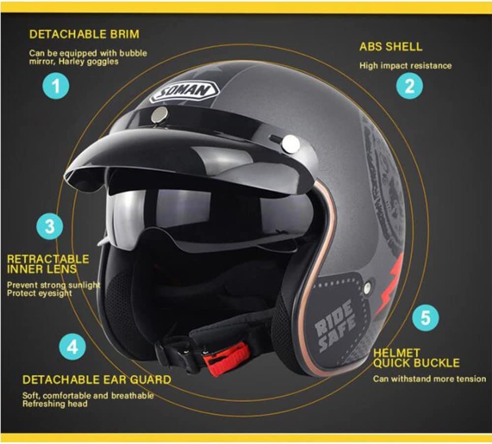 Halve Helm Motorfiets Heren Dames Open Gezicht Motorhelm Met Met Zonneklep En Snelsluiting ECE Goedgekeurde Vintage Cruiser Chopper Bromfiets Scooterhelm B,XXL