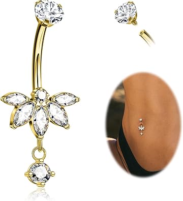 G23 Titanium Belly Button Ring Lotus Dangle Belly Rings 14G Belly Button Piercing Jewelry Cute Navel Rings for Women Gold Silver