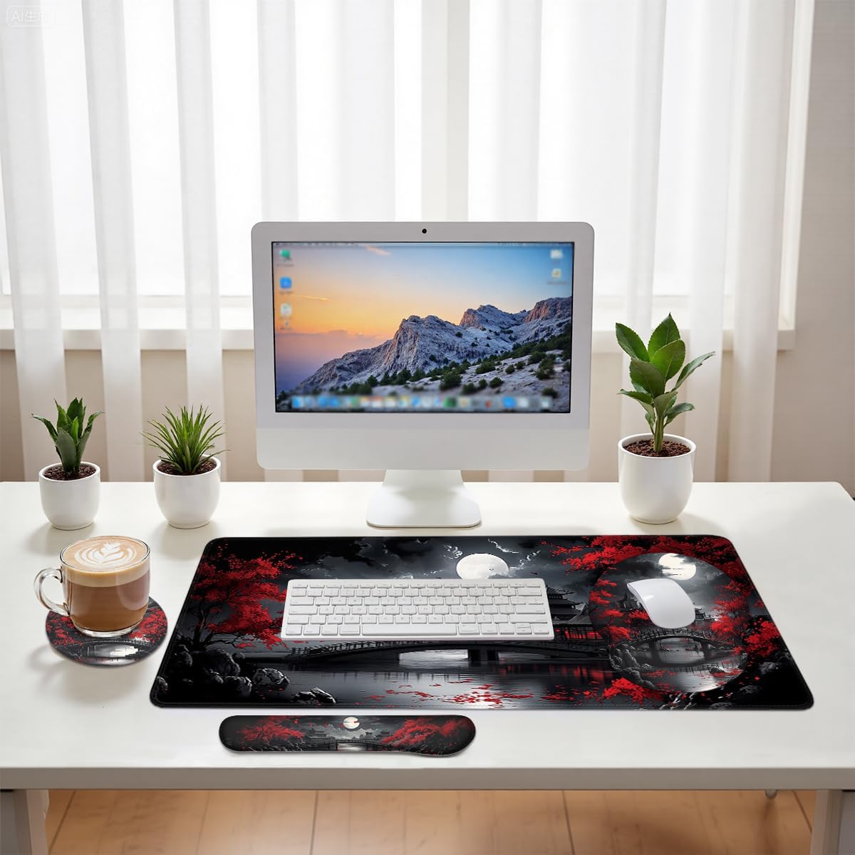 Japanese Ink Mouse Pad Set Red Maple Moonlight Temple Scenery Gaming Mousepad 4in1 Desk Mat for Desktop Anti-Slip XXL Big Computer Ergonomic Mousepad with Wrist Support for Keyboard and Mouse