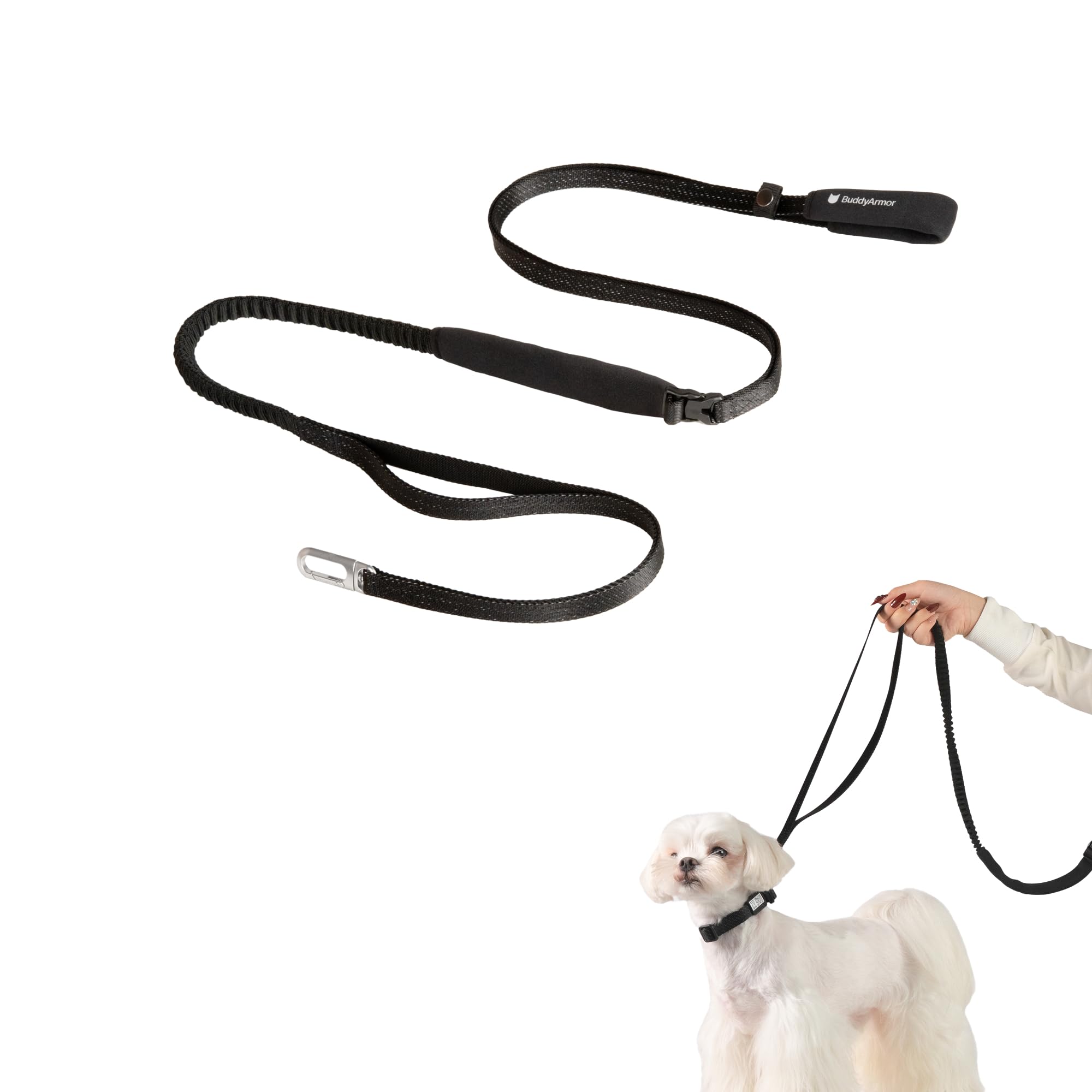 BuddyArmor Hands Free Dog Leash Adjustable Versatile Crossbody Waist Dog Leash Reflective Comfortable Padded Handles Shock Absorbing Walking Lead for Small Medium Large Dogs (Super Reflect-Black, S)