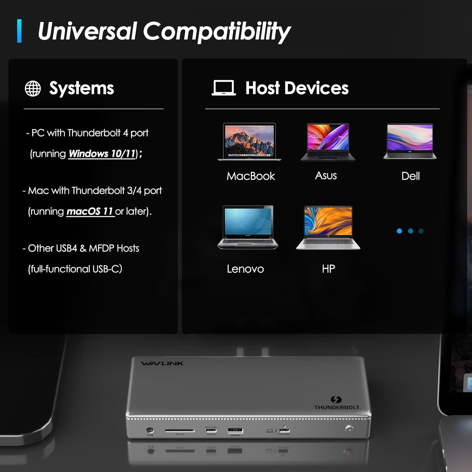 Thunderbolt 4 Dock, WAVLINK Docking Station with Dual 4K@60Hz Monitors, Four Thunderbolt 4 Ports, 98W PD, 2.5G RJ45 Ethernet, SD V4.0, 10Gbps USB3.1, for MacBook Pro/Air etc - Image 7