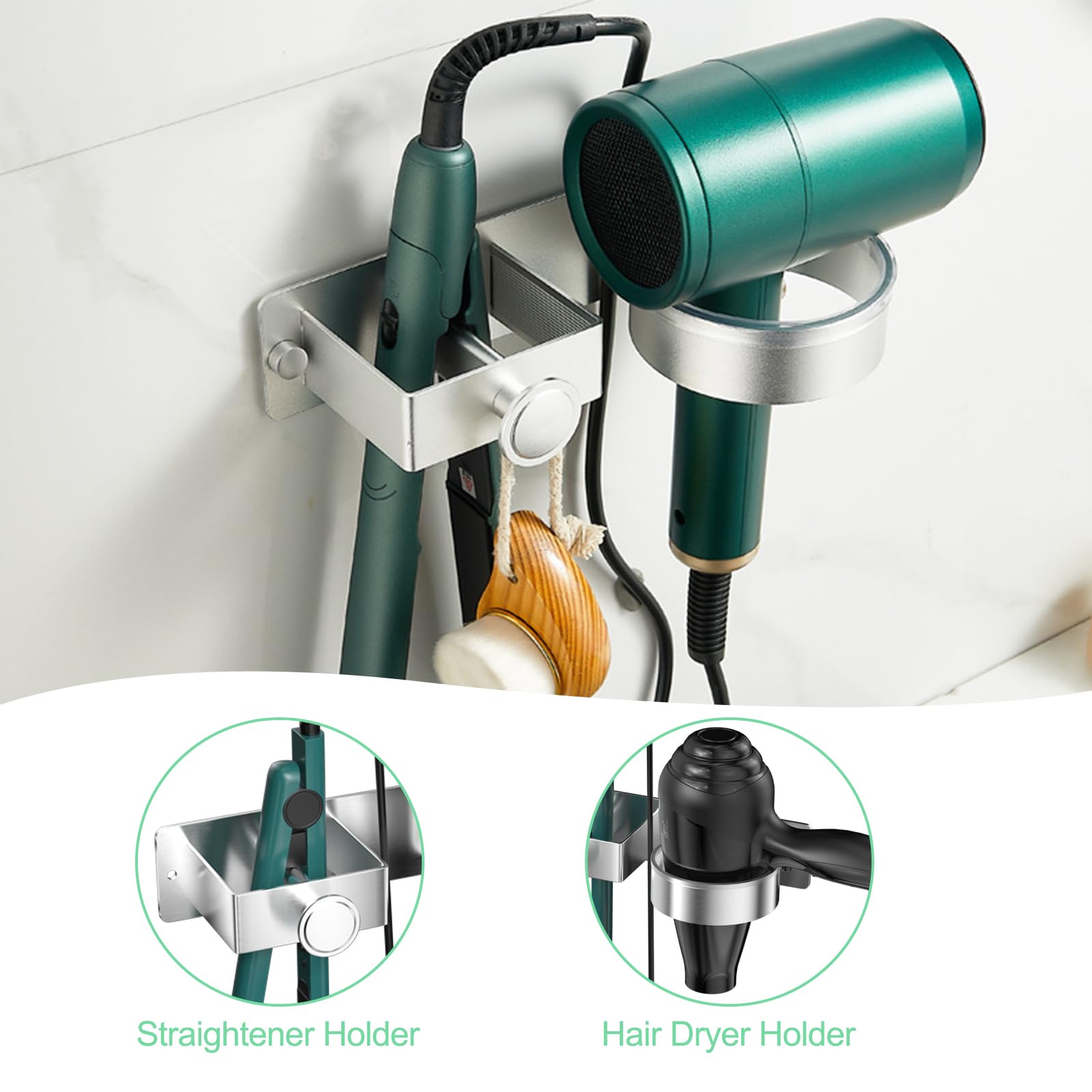 Chiluxendo Porta Phone Bagno da Muro, Porta Asciugacapelli da Parete, Supporto Phon e Piastra Senza Foratura, Portaphone da Bagno Autoadesivo, per Camere da Letto Toilette Barbiere (Argento)
