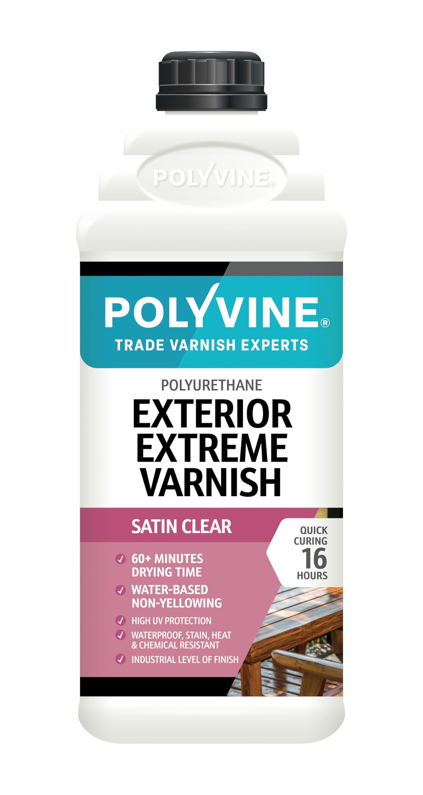 Polyvine Satin Exterior Extreme Varnish – Heavy Duty Outdoor Waterproof Clear Varnish - Quick Dry Polyurethane Clear Coat Multi Use Protective Coating - Uv, Heat, Stain Water Based Sealer (, 2L)