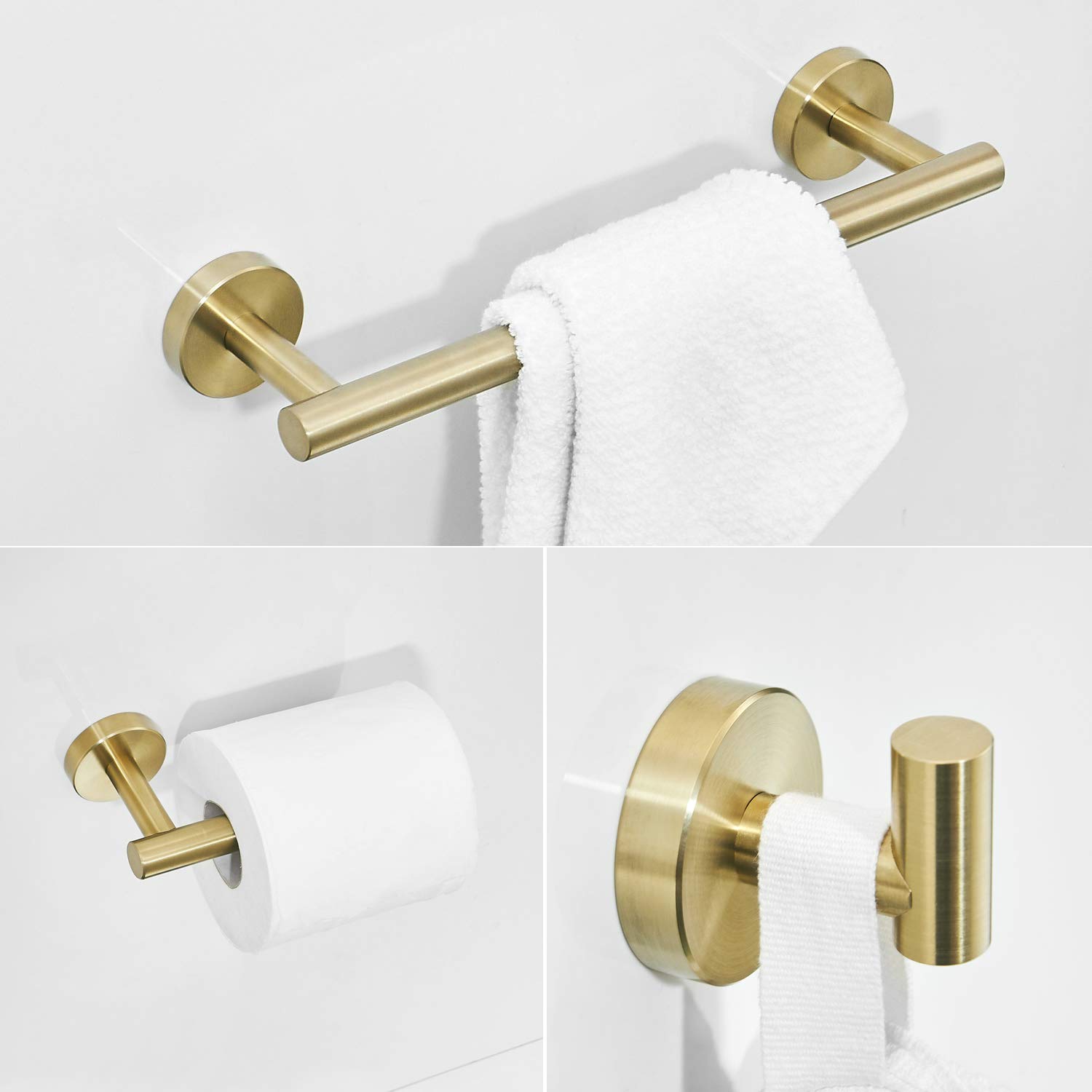 30 cm Toallero Portarrollos para Papel Higiénico Gancho de Pared, Accesorios de Baño de Acero Inoxidable, Oro Cepillado (3 Piezas)