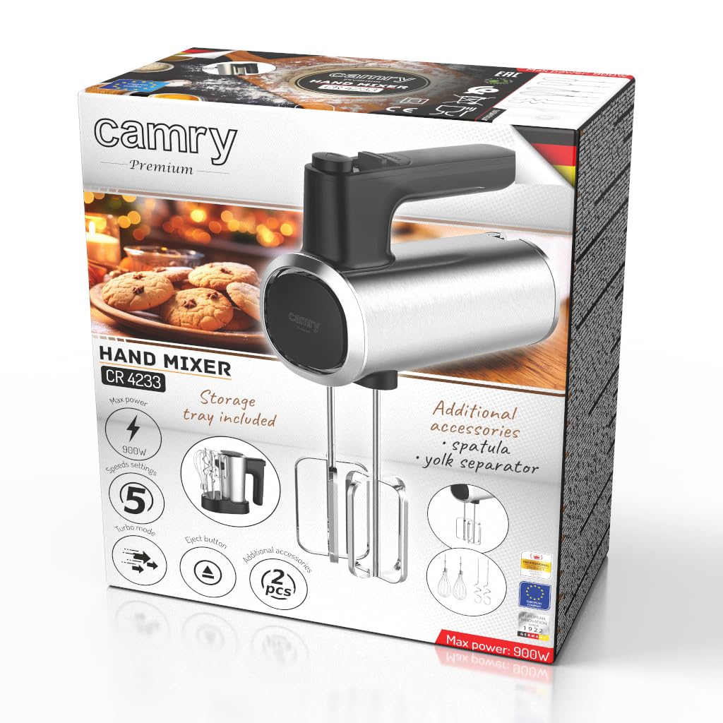 CAMRY batteur electrique cuisine à main avec unité de rangement – 5 vitesses Turbo – 900W – 3 embouts en acier inoxydable crochets pétrisseurs, fouets fouet electrique – Puissant et polyvalent