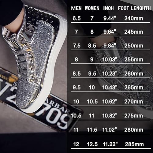 IGxx Glitter Metallic Spikes Shiny Shoes for Men High Top Punk Rivet Sparkly Sneakers Silver 10.5