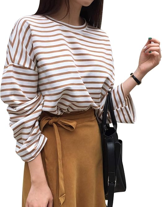 Amazon Envylook S Tシャツ レディース ボーダー柄 ワイド袖ベーシックボーダーtシャツ ダークベージュ Free 並行輸入品 Tシャツ カットソー 通販