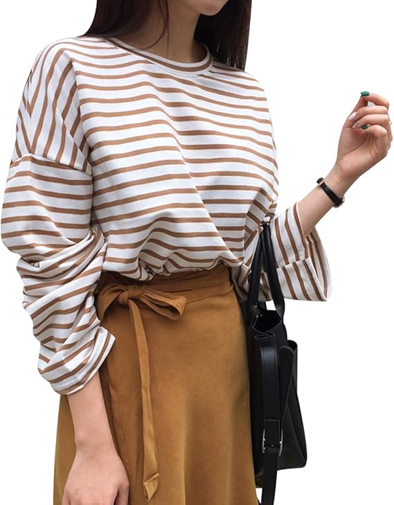Amazon Envylook S Tシャツ レディース ボーダー柄 ワイド袖ベーシックボーダーtシャツ ダークベージュ Free 並行輸入品 Tシャツ カットソー 通販