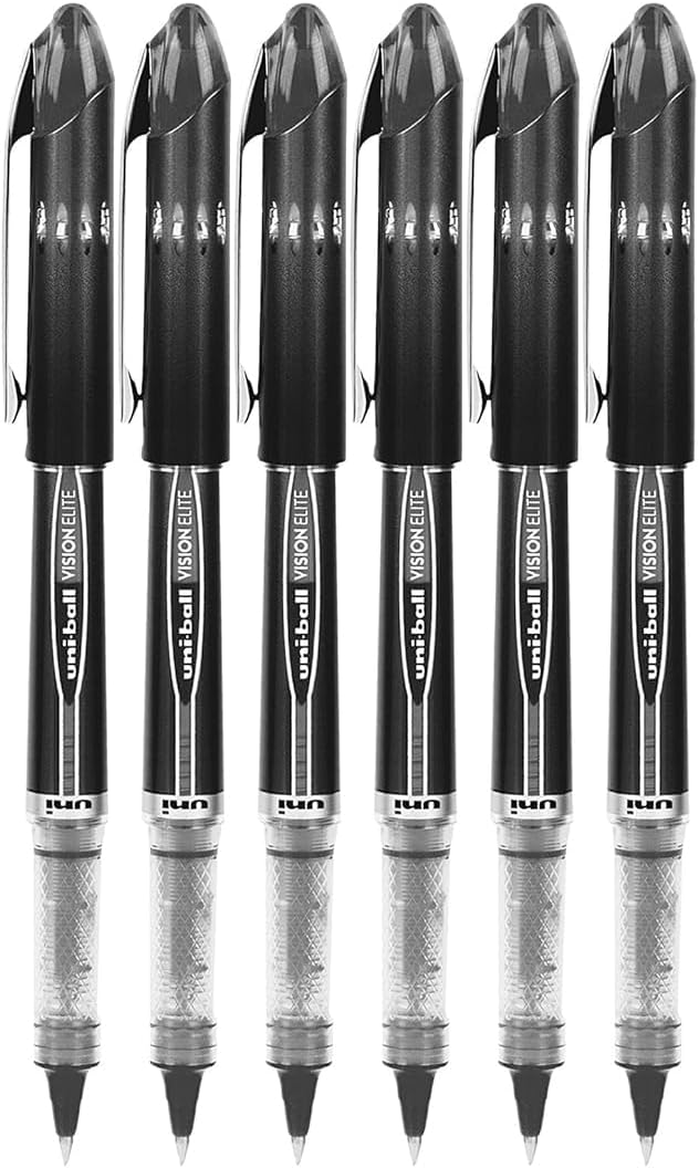 Vision Elite Rollerball Pens, Micro Point (0.5mm), Black Ink, 6 count, Bundle with Plastic Reusable Pouch
