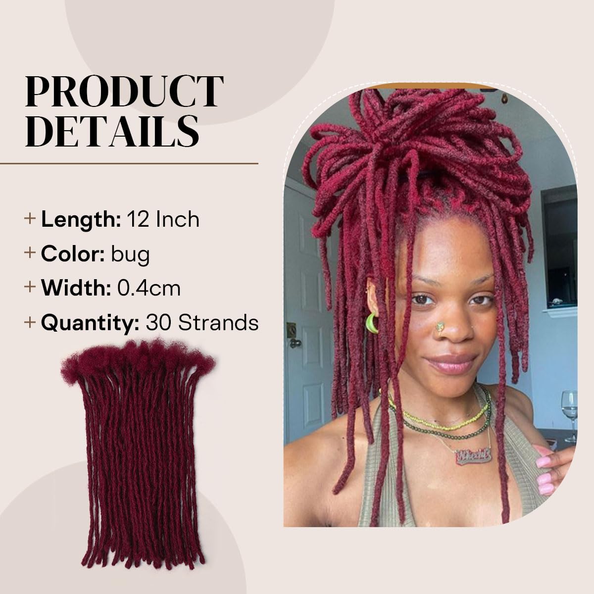 12 inch 30 Stands 0.4cm Interlocking Loc Extensions Human Hair, Dreadlock Extensions Human Hair Handmade Permanent Dreads Extensions for Men/Women/Kids Burgundy(12 inch 30 Strand #613 0.4cm)