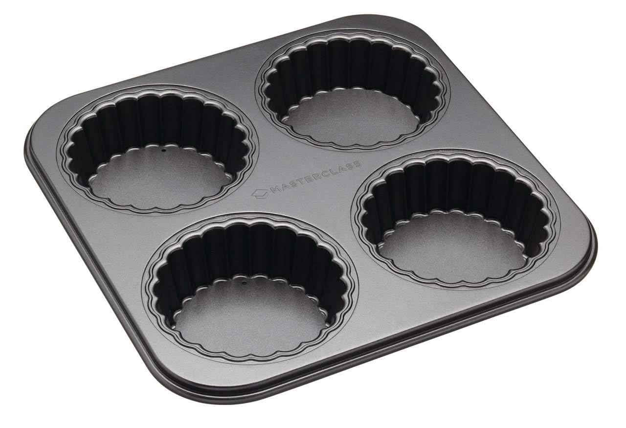 MasterClass 4 Hole Loose Bottomed Tart Tin with PFOA Non Stick, Robust 1 mm Thick Carbon Steel, 26 x 26 cm Pan with 10 cm Mini Tartlet Moulds