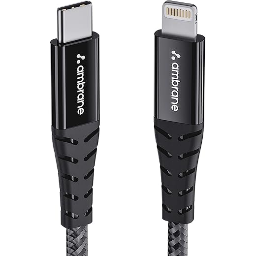 Ambrane Type-C to Lightning USB Cable, 22.5W Fast Charging, 480Mbps Data Sync Cable Compatible with iPhone, iPad, Macbook, iMac, AirPods, 1.25m (ABTL-125 Black)