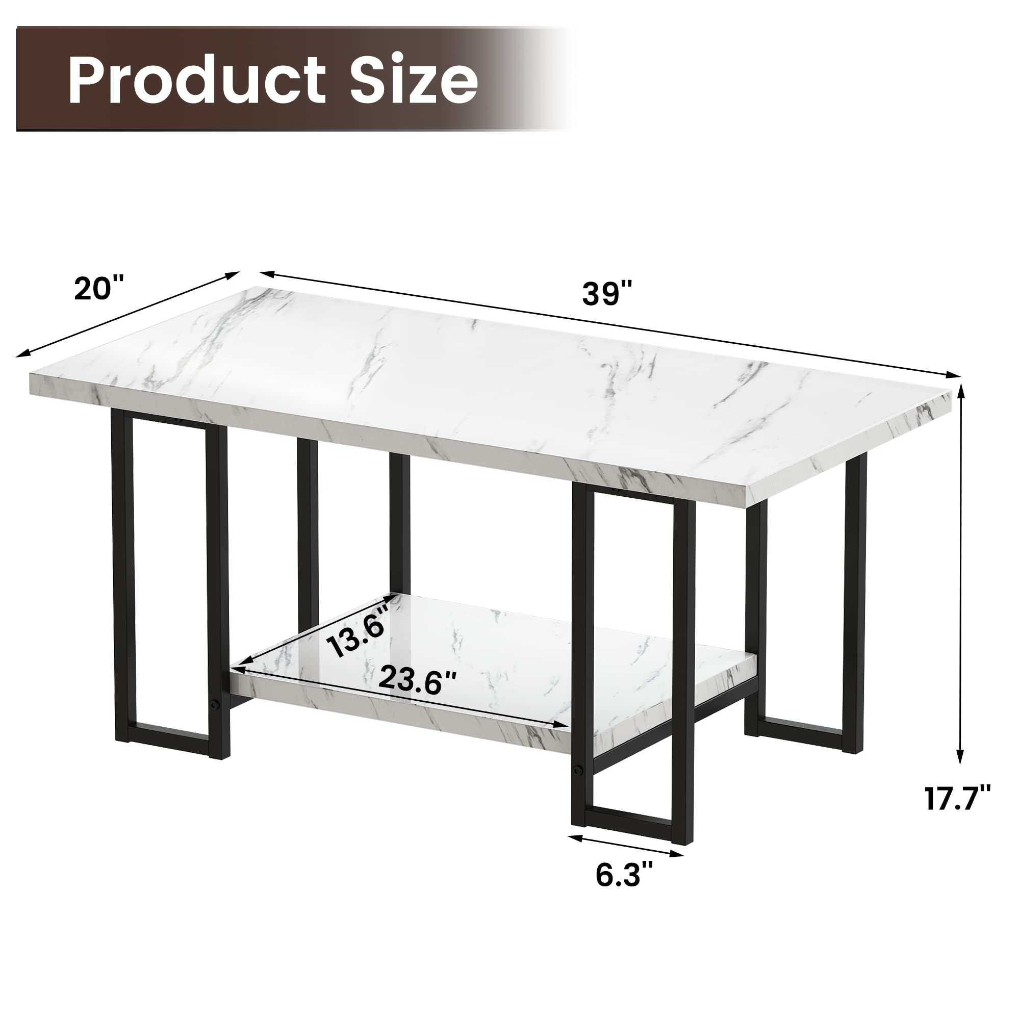 Hooseng Coffee Table, Black Base for Living Room-Faux Marble Rectangle Tabletop, 2 Layers, 39.4''L 20''W 18''D