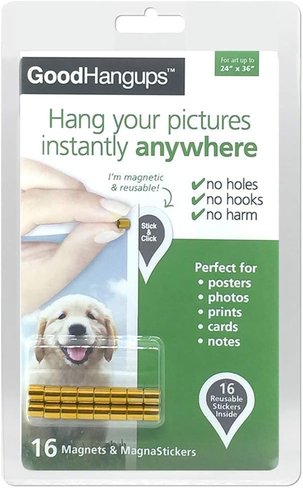 GoodHangups Damage Free Magnetic Poster and Picture Hangers Reusable Works on Any Wall As Seen On Shark Tank - 18kt Gold Plated Magnets -16 Pack