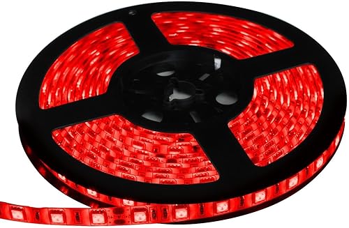 HAUTY Tira de luz LED roja impermeable, 16 pies5m SMD5050 300 LEDs DC12V cinta LED flexible cortable (sin enchufe de alimentación de 12Vadaptador)