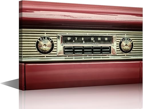 Imagen de estilo retro de una radio de auto viejo dentro de un automóvil clásico rojo, pintura artística de pared sobre lienzo, imágenes musicales