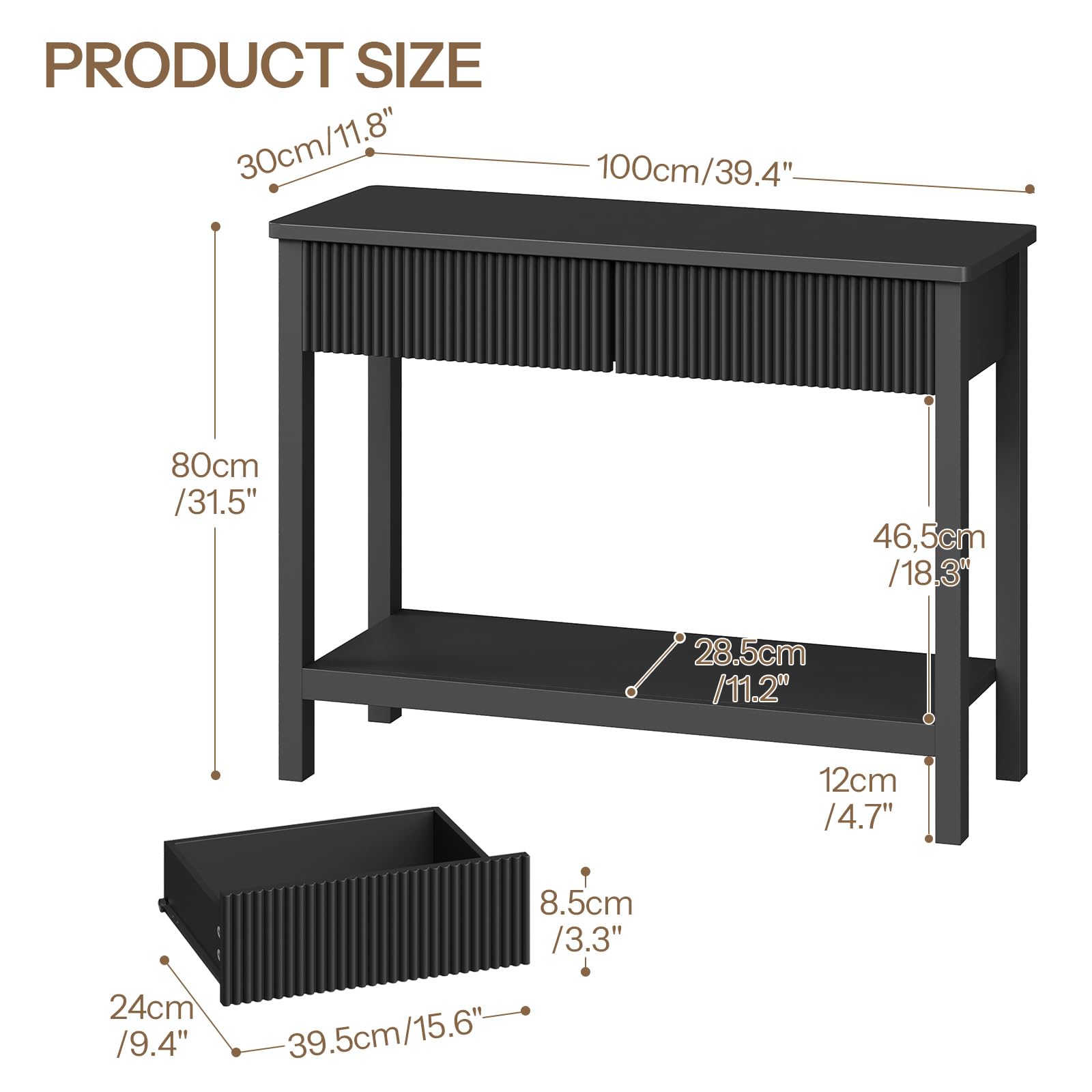 HOOBRO 100 cm Konsolentisch, schmaler Flurtisch mit Wellenplatten-Schublade, Sofatisch, Eingangstisch, Beistelltisch für Flur, Diele, Wohnzimmer, Schwarz EBK89XG01N1