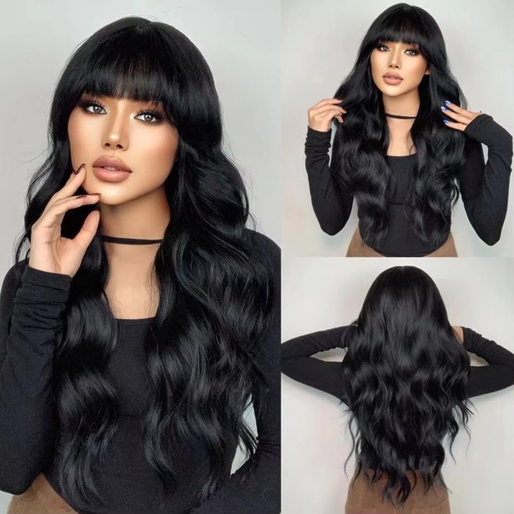 Haarpflege Natürliche Schwarze Lockere Gewellte Perücke Mit Pony Volle Maschinelle Gewellte Echthaar Perücke Vorgezupft Für Frauen(220%,22inches)