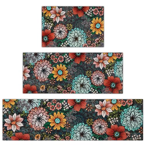 FRAMICS Kitchen Rug Sets 3 Piece with Runner Non Slip Anti Fatigue Floor Mat Washable Kitchen Rugs Boho Floral Kitchen Rugs Colorful Flowers Kitchen Mats for Sink Hallway Laundry Room Floor