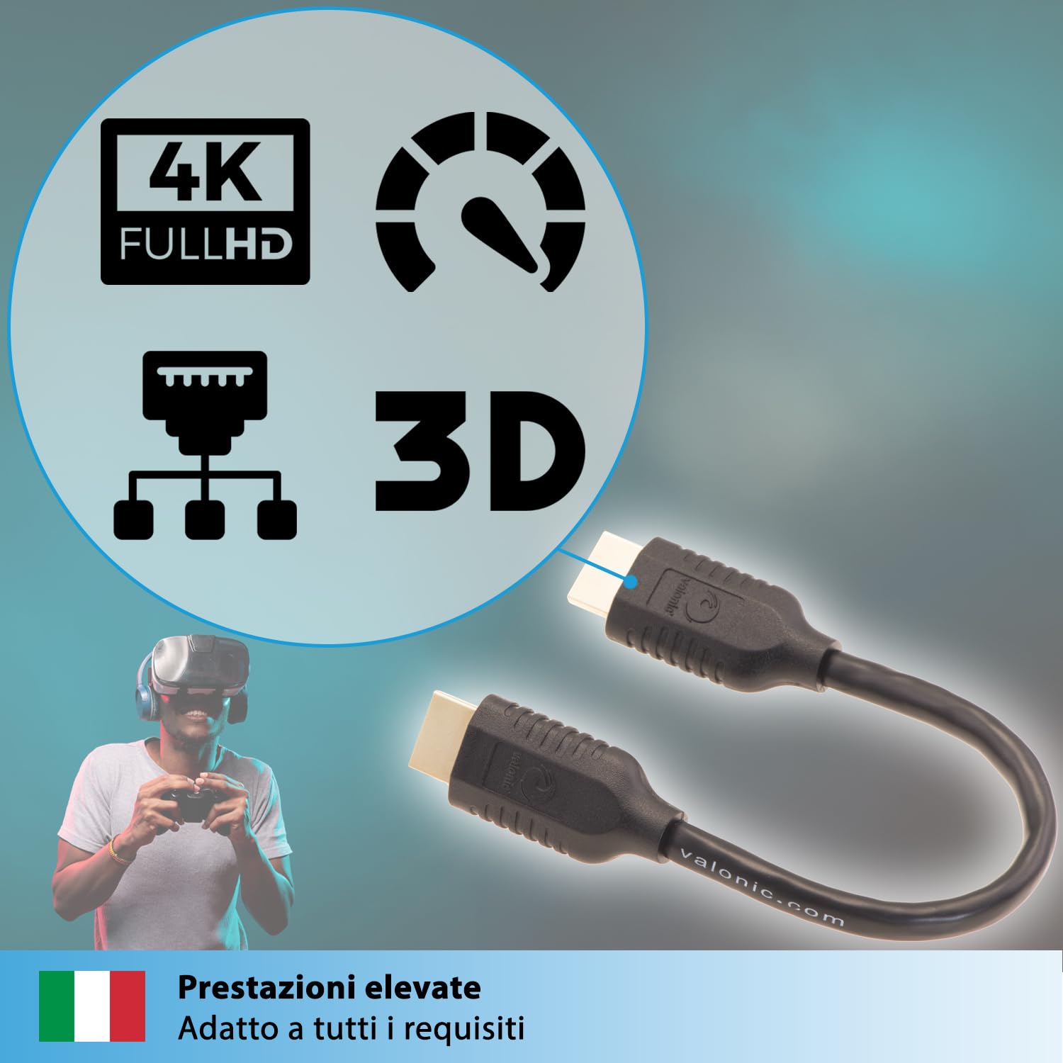 valonic cavo hdmi corto, 20 cm - HDR, ARC, High Speed 4k Ultra HD - per TV, PC, PS5, Monitor - maschio maschio, nero, 0,2m