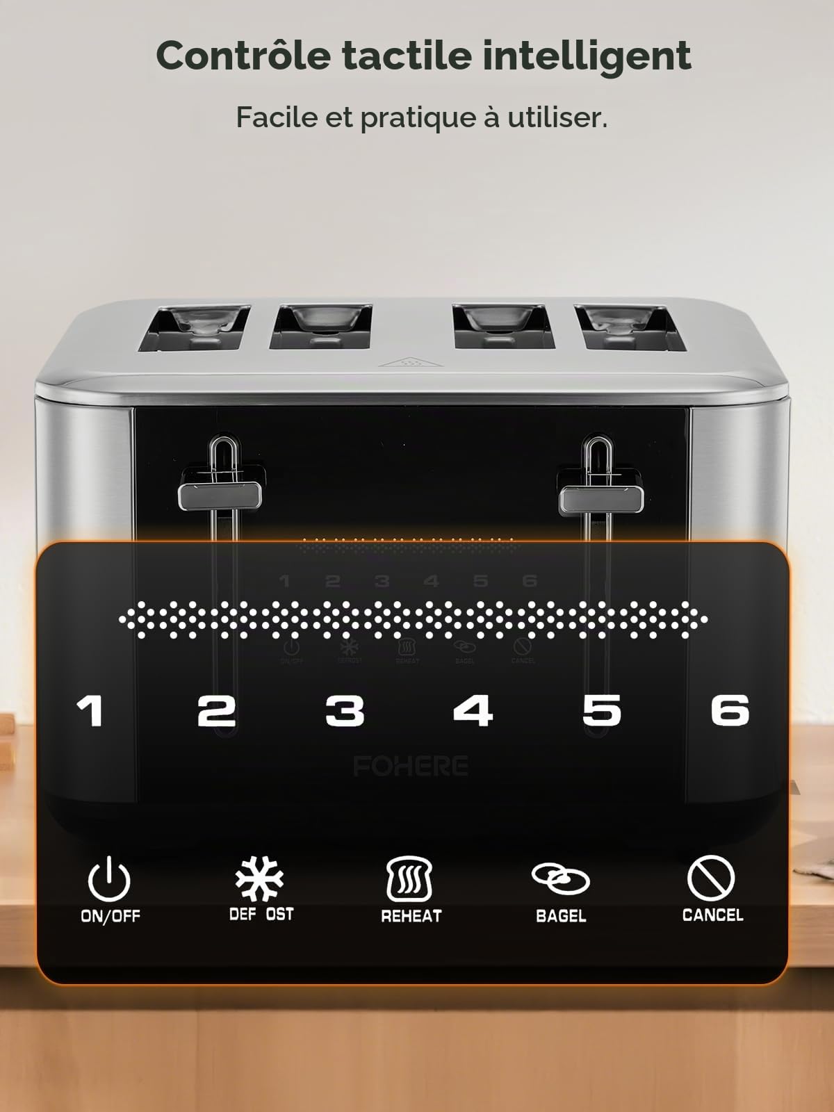 FOHERE Grille-pain 4 Tranches, Écran Tactile LED, 6 Niveaux Dorage