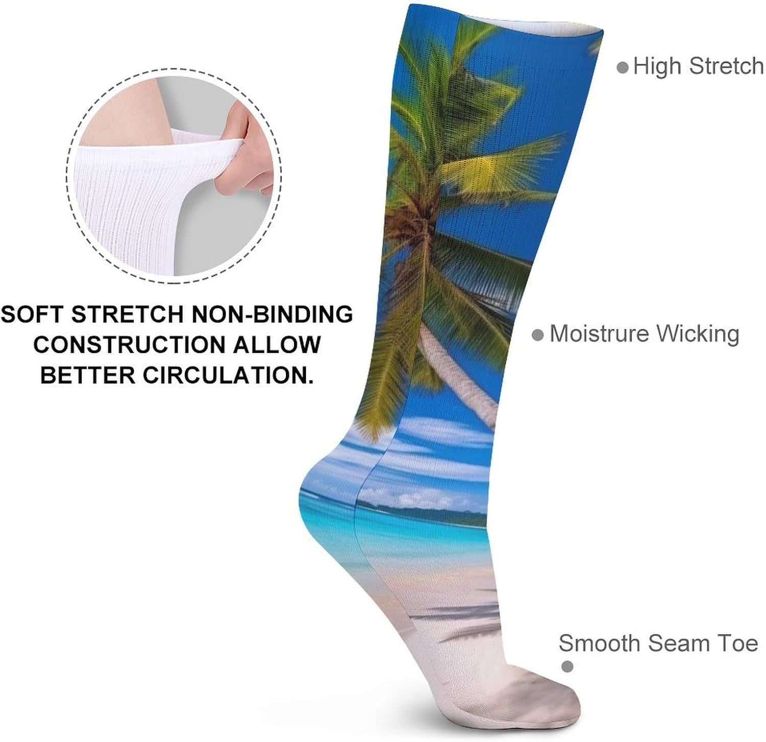 Breathable Crew Sock, Moisture Wicking, Athletic Calf Socks, Cozy | Beach And Coconut Tree Compression Socks for Women Men, Lightweight High Work Socks for Business, Casual