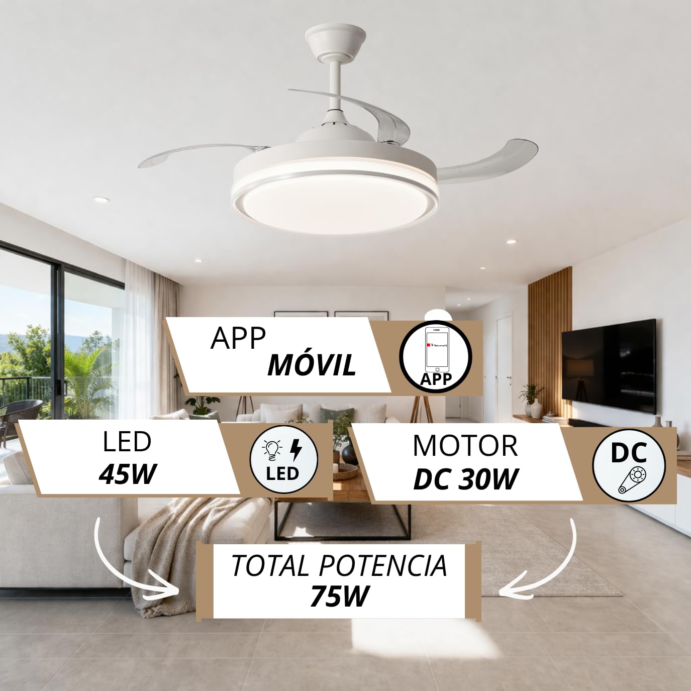 NARVI Ventilador de Techo Blanco con Luz LED Regulable, Motor DC 30W Silencioso de Bajo Consumo, Lámpara Ventilador con Mando a Distancia, 3 Aspas Retráctiles, Función Invierno Verano, LOVANIA 1576 WH